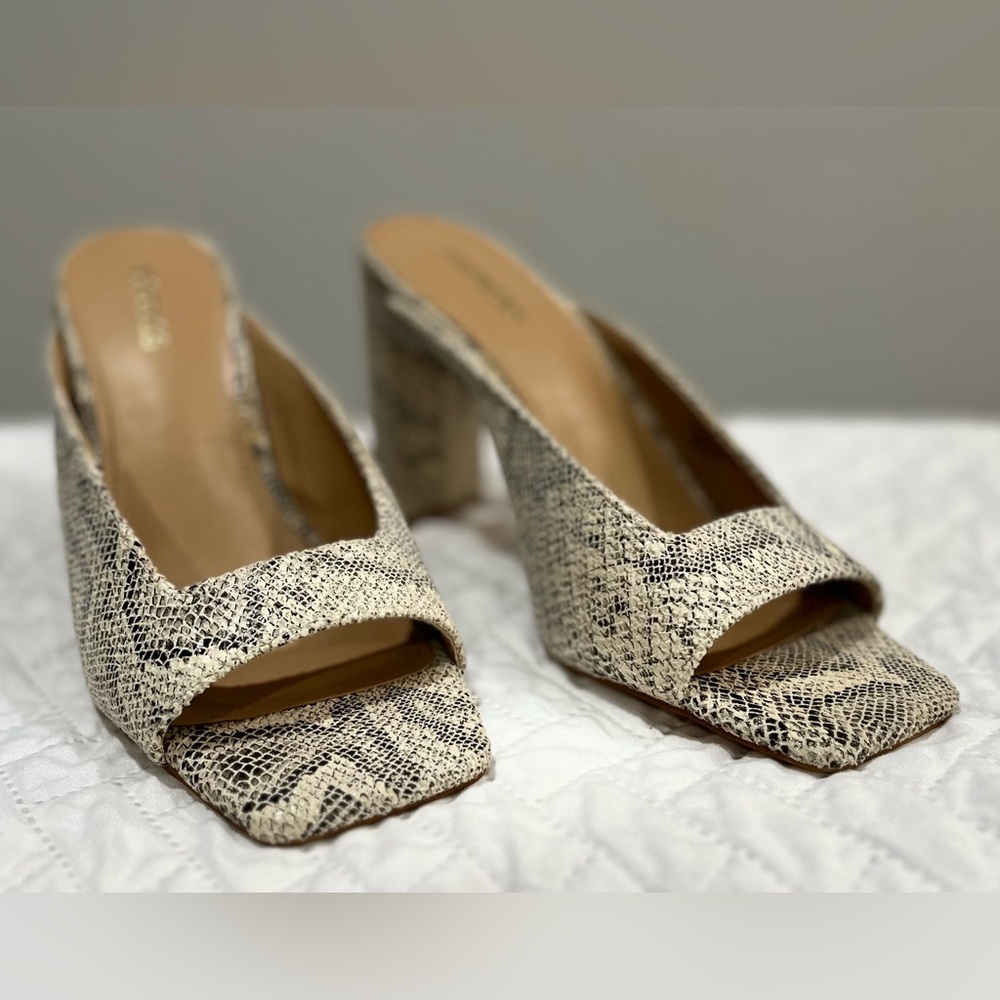 Express Snakeskin Mules in Black and Cream